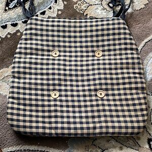 Set of 2 Vintage Blue & Tan Gingham Tufted Button Chair Pads w/Ties